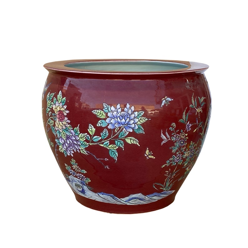 Chinese Oriental Vintage Porcelain Red Flower Birds Graphic Pot ws1601E image 4