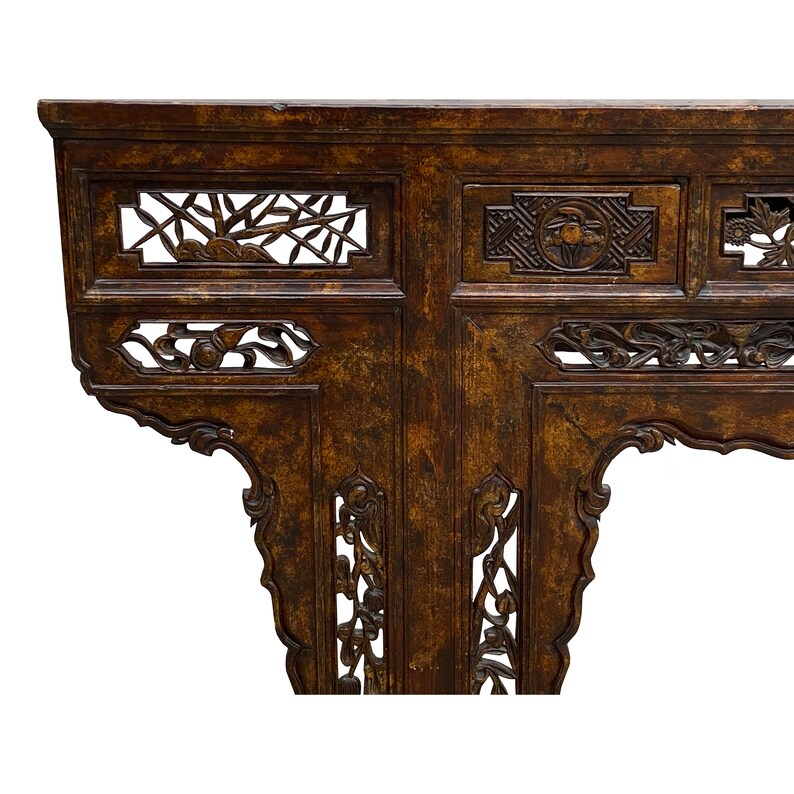 Vintage Chinese Brown Wood Open Flower RuYi Carving Apron Altar Console Table cs7802E image 6
