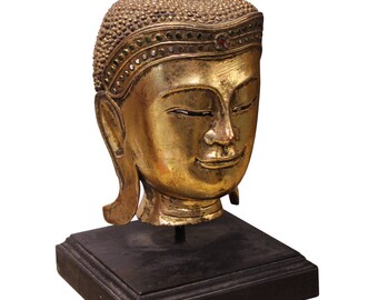 Quality Handcrafted Wood Gold Color Serene Peaceful Meditate Buddha Head On Stand n271S Quality Handcrafted Wood Gold Color Serene Peaceful Meditate Buddha Head On Stand n271S