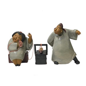 Chinese Artistic Pottery Couple Feature Display Figurines 3 Pieces Set ws3585E