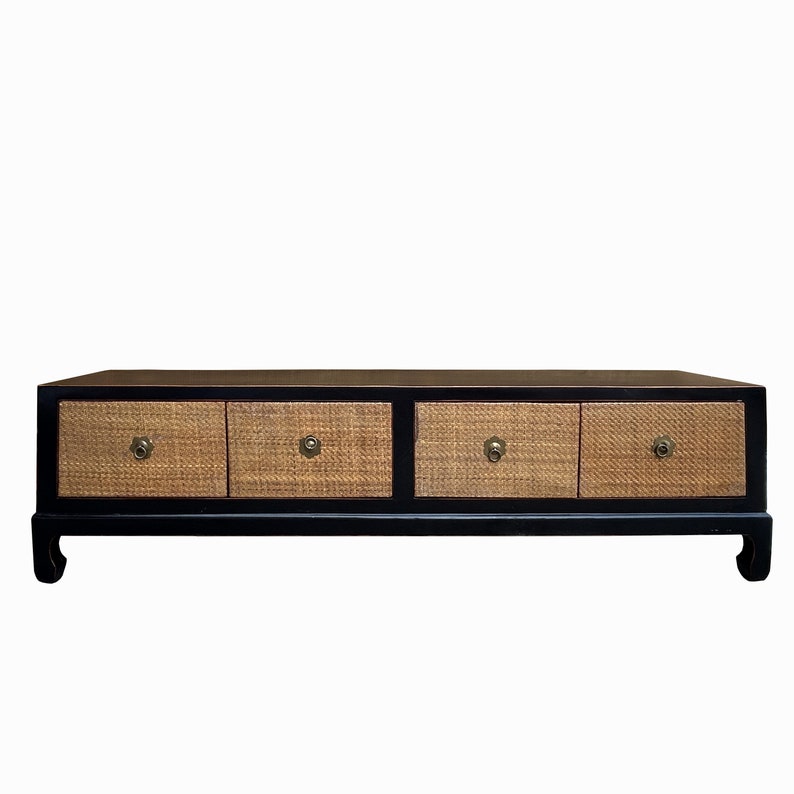 Oriental Black Light Tan Rattan Doors Low TV Stand Console Table Cabinet cs7693E image 1