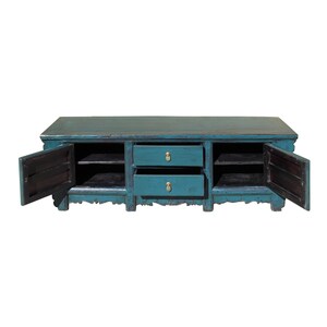 Oriental Distressed Rustic Teal Blue Lacquer Low Console Table Cabinet cs4622E image 7