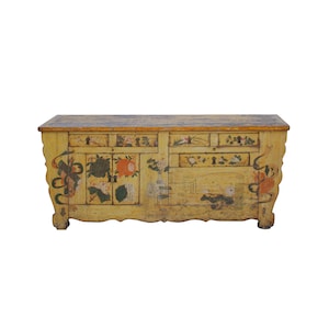 Chinese Distressed Yellow Oriental Flower Graphic TV Console Cabinet cs4539E image 1