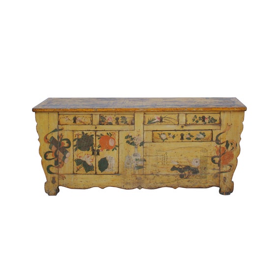 Chinese Distressed Yellow Oriental Flower Graphic TV Console