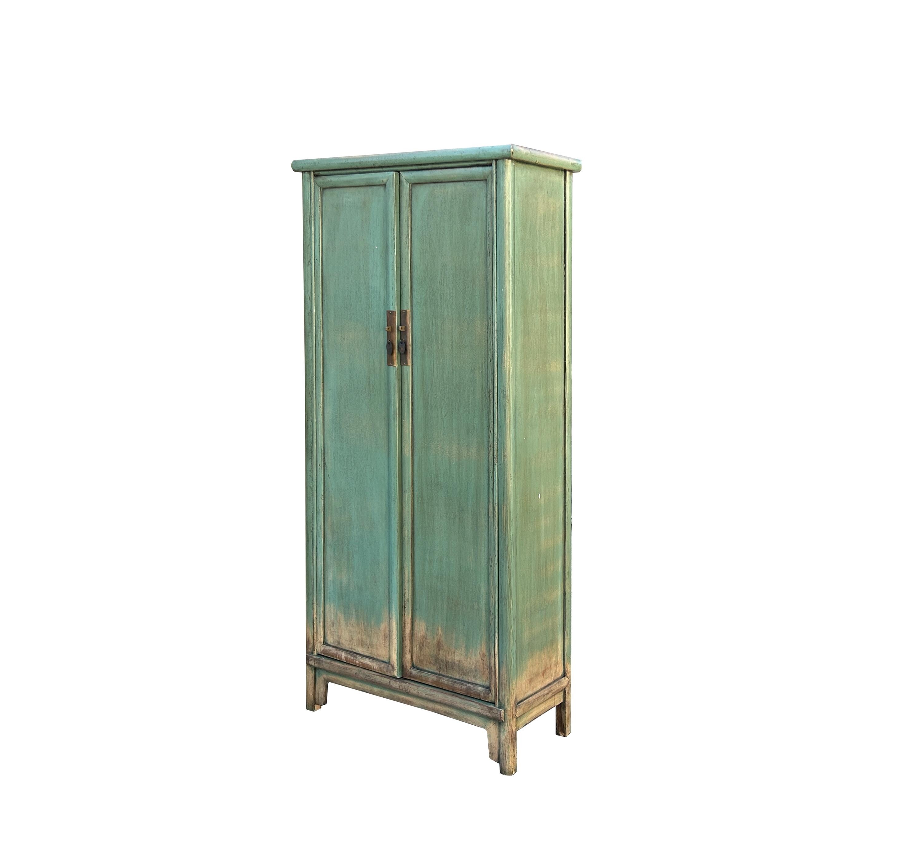 Oriental Distressed Light Teal Green Tall Narrow Noodle Cabinet