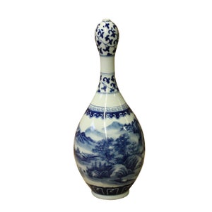 Chinese Blue White Porcelain Scenery Graphic Bulb Shape Vase ws1106E image 2