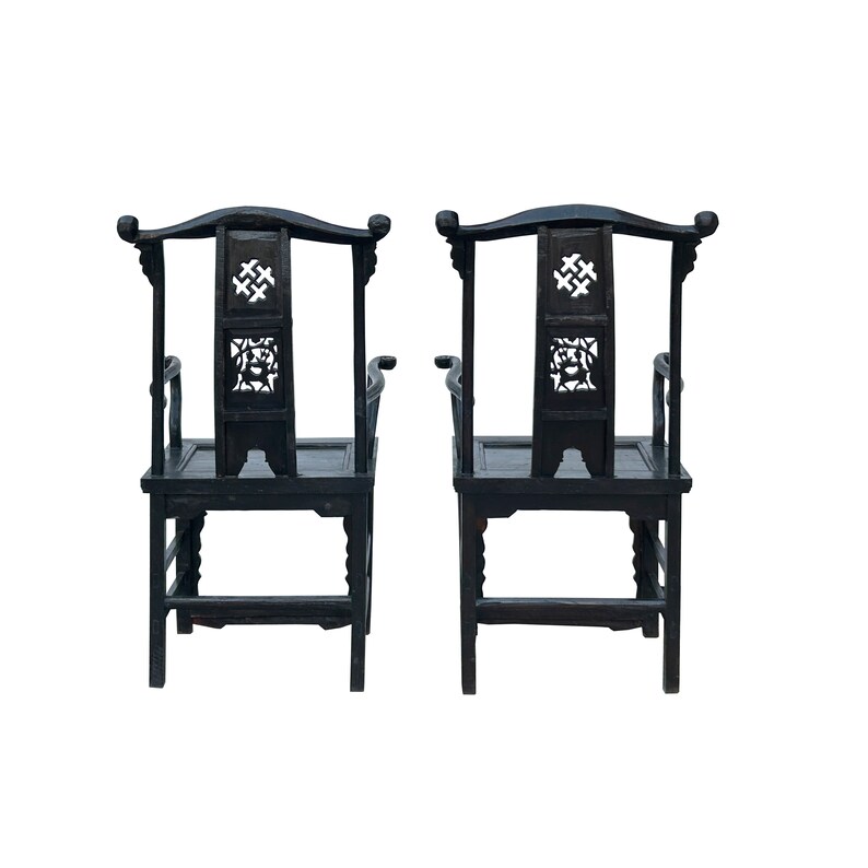 Pair Vintage Chinese Rustic Black Lacquer Deer Motif Yoke-Back Armchairs cs7807E image 3