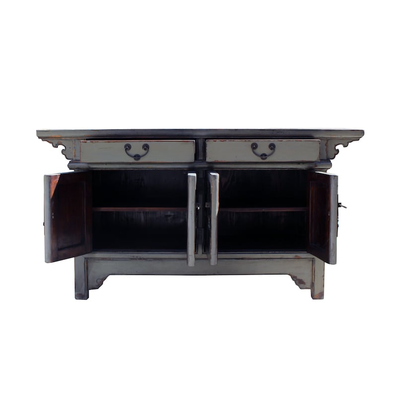 Chinese Distressed Gray Lacquer Low Sideboard Console Table Cabinet cs5899E image 6