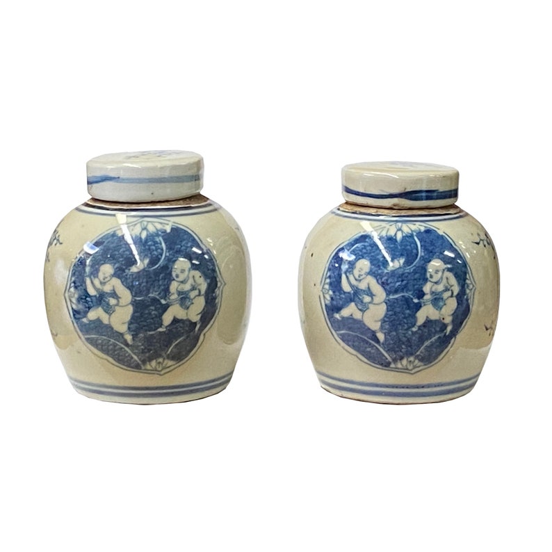 Pair Blue White Small Oriental Double Kids Porcelain Ginger Jars ws1378E image 1