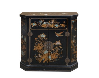 Oriental Black Veneer Flower Birds Graphic Slim Side Table Cabinet cs7800E