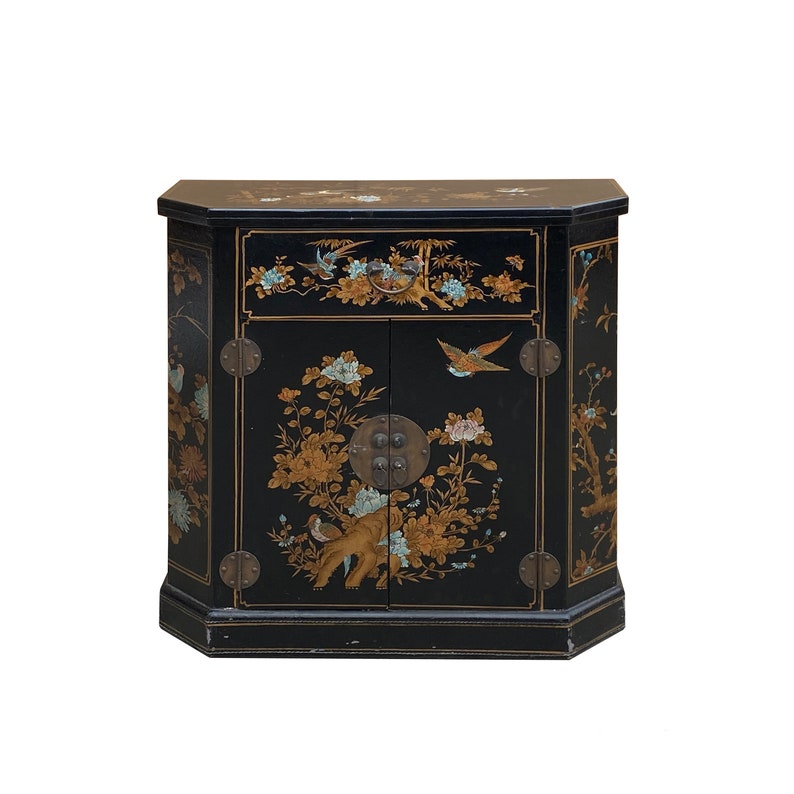 Oriental Black Veneer Flower Birds Graphic Slim Side Table Cabinet cs7800E image 1