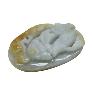 Natural Green Yellow Jade Pendant With Lucky Zodiac Rooster, Bat & Fortune Figure n491E image 4