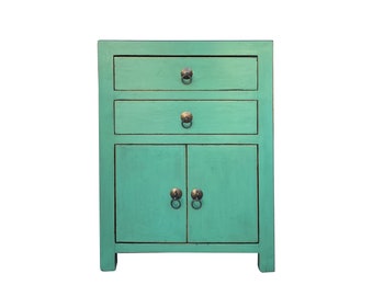 Chinese Distressed Turquoise Green 2 Drawers End Table Nightstand cs7420E