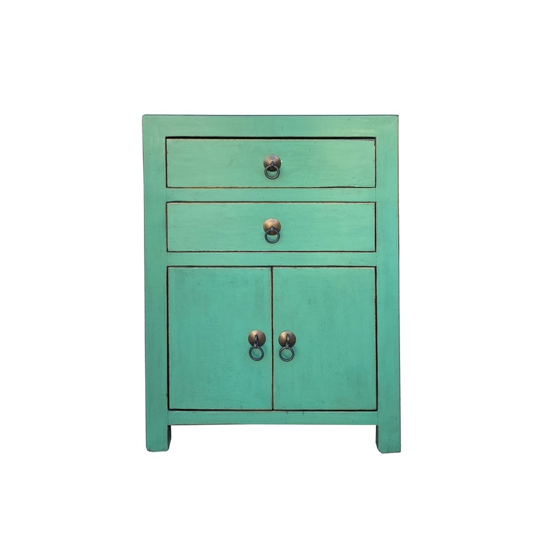 Chinese Distressed Turquoise Green 2 Drawers End Table Nightstand cs7420E image 1