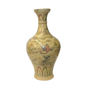 Cream Beige Base Color Flowers Birds Graphic Round Ceramic Vase ws1263E