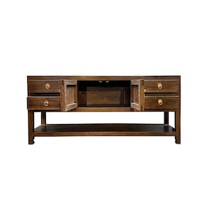 Chinese Oriental Brown Stain Low TV Console Moon Face Table Cabinet cs7572E image 7