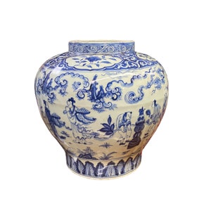 Vintage Chinese Blue White Porcelain Scenery Fat Body Vase Jar ws2718E image 2