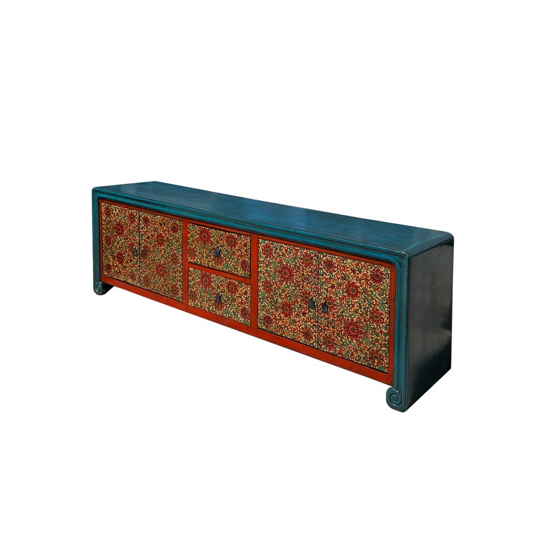 Chinese Tibetan Teal Blue Orange Floral Graphic Low TV Console Table cs7609E image 3