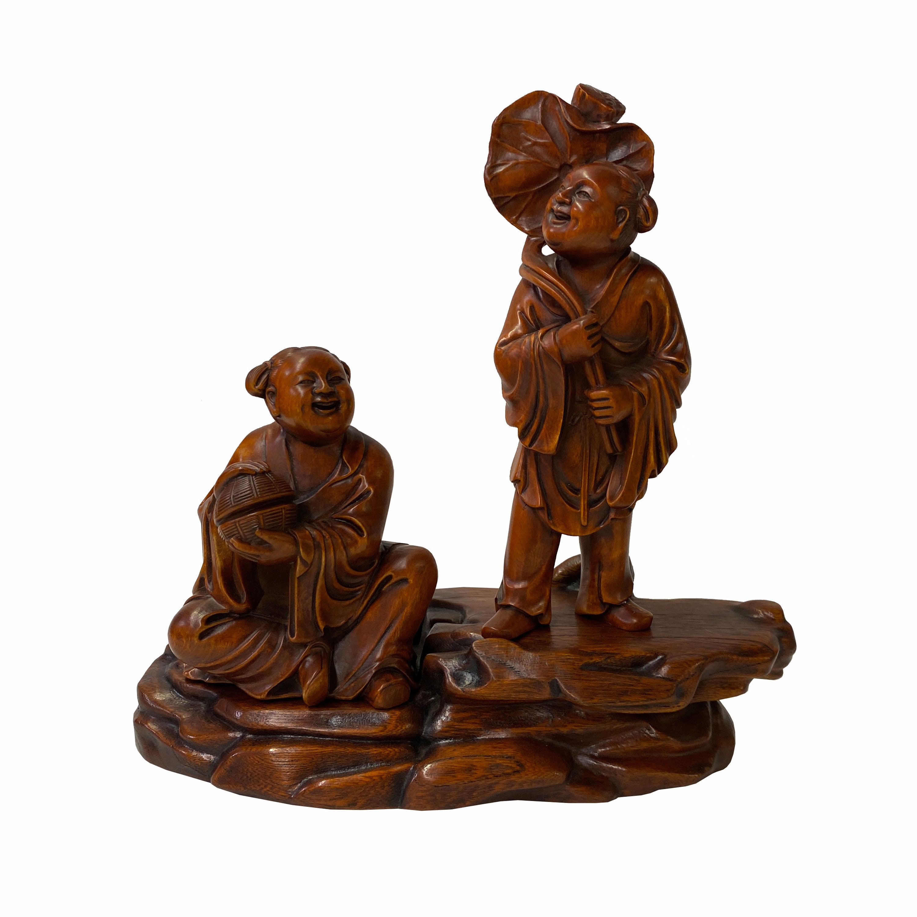Chinese Oriental Wood Artistic Golden Kids Carving Display Figure Art ws1843E