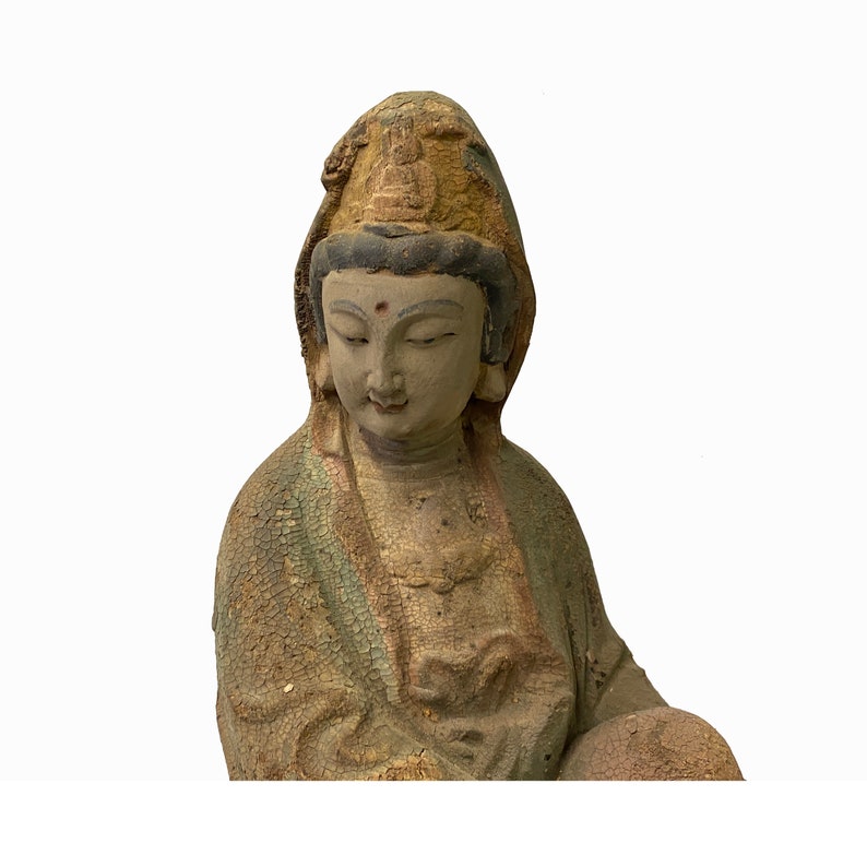 Chinese Rustic Wood Sitting Guan Yin Kwan Yin Bodhisattva Statue ws1527E image 4