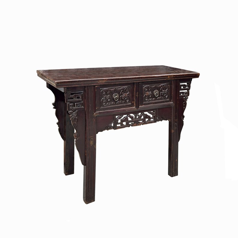 Chinese Vintage 2 Drawers Carving Brown Side Table Cabinet cs7752E image 3