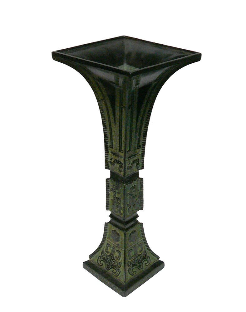 Ancient Chinese, Shang Dynasty Inspired, Ceremonial Green Bronze Vessel Square Tall Vase cs1045-2S Ancient Chinese, Shang Dynasty Inspired, Ceremonial Green Bronze Vessel Square Tall Vase cs1045-2S