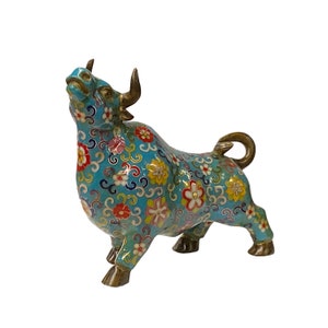 Oriental Metal Turquoise Blue Enamel Cloisonné Ox Bull Cow Figures ws1908E
