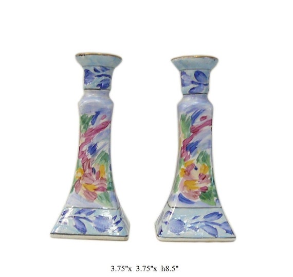 Pair Of Chinese Porcelain Color Mix Graphic Candle Holders cs712-9S Pair Of Chinese Porcelain Color Mix Graphic Candle Holders cs712-9S