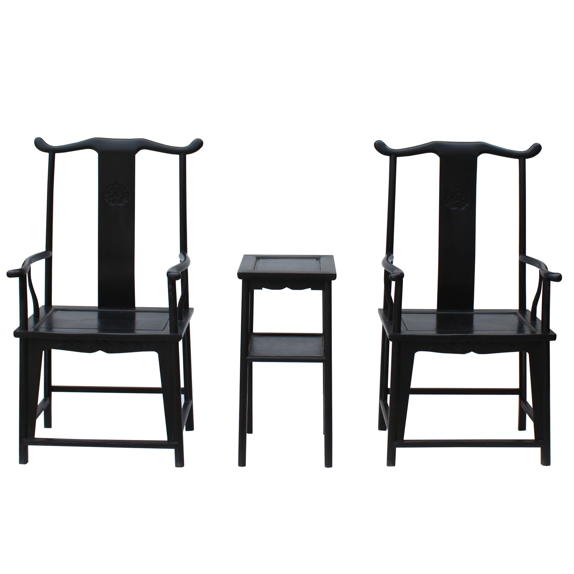 Chinese Traditional Tan Wood Yoke back Armchair Set W Small Table