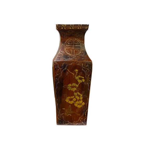 Chinoiseries Golden Graphic Brown Lacquer Square Vase Jar Shape Display ws3352S Chinoiseries Golden Graphic Brown Lacquer Square Vase Jar Shape Display ws3352S