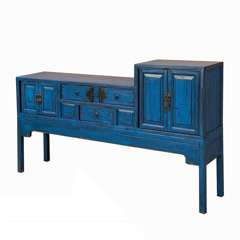 Vintage Chinese Distressed Bright Blue Drawers Foyer Narrow Side Table cs7743E image 3