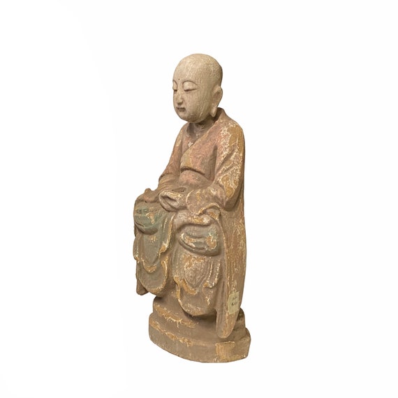 【骨董品】アンティーク☆僧侶像 中国風の素朴なアンティーク仕上げの木製ローホン僧侶像 ws2814E