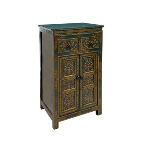 Distressed Teal Blue Green Tibetan Floral End Table Nightstand Cabinet cs7621E image 2