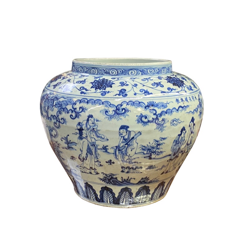 Vintage Chinese Blue White Porcelain Scenery Fat Body Vase Jar ws2717E image 4