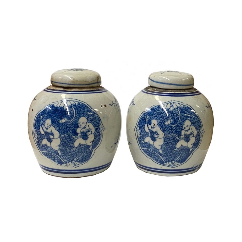 Pair Blue White Small Oriental Graphic Porcelain Ginger Jars ws951E image 1
