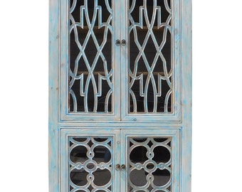 Oriental Shabby Chic Blue Glass China Bookcase Cabinet cs1335E