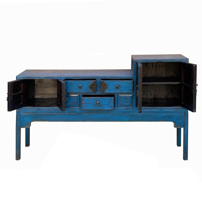 Vintage Chinese Distressed Bright Blue Drawers Foyer Narrow Side Table cs7743E image 6
