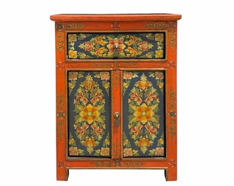 Tibetan Oriental Black Orange Floral End Table Nightstand cs6941E