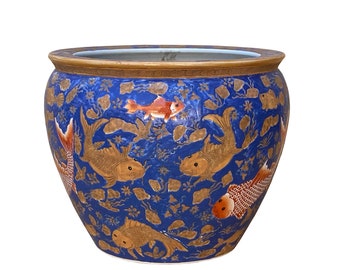 Chinese Oriental Vintage Porcelain Blue Golden Fishes Graphic Pot ws1631E