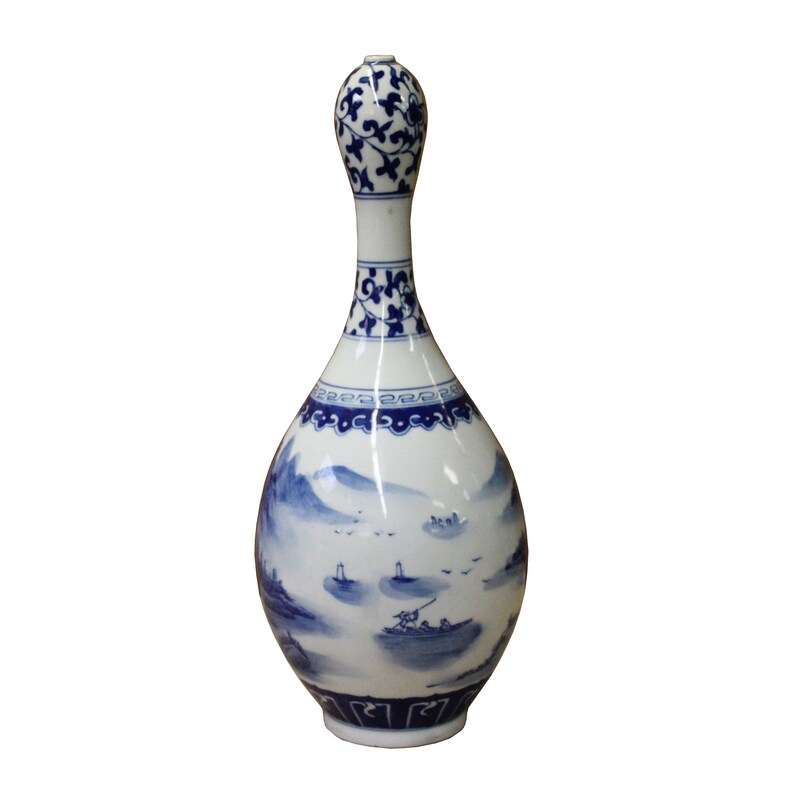 Chinese Blue White Porcelain Scenery Graphic Bulb Shape Vase ws1106E image 4