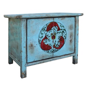 Chinese Distressed Light Pale Blue Fishes Graphic Table Cabinet cs3970E image 4