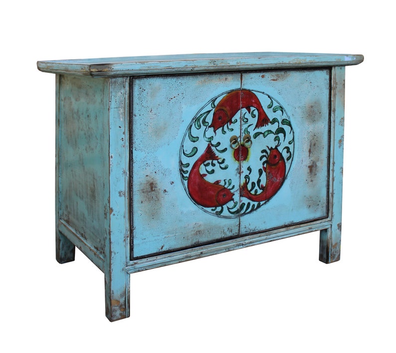 Chinese Distressed Light Pale Blue Fishes Graphic Table Cabinet cs3970E image 4