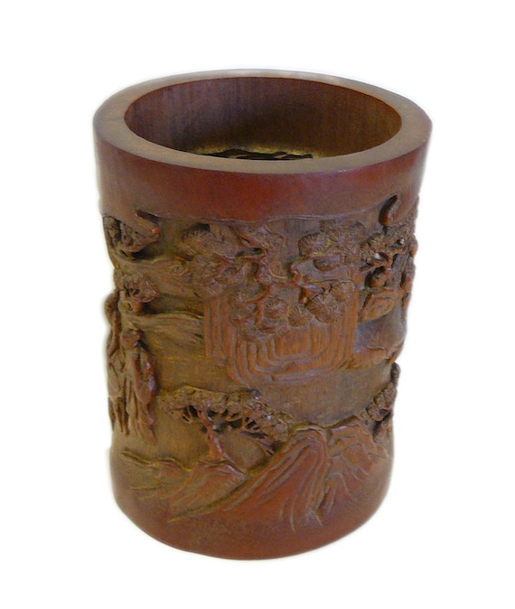 Chinese People Pine Carving Bamboo Display Figure Brush Holder Pot cs695-20S Chinese People Pine Carving Bamboo Display Figure Brush Holder Pot cs695-20S