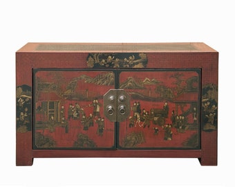 Vintage Oriental Distressed People Graphic Brick Red Low TV Console Cabinet cs7759E