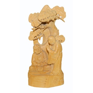 Zen Master Lecture Under Juniper Tree Box Wood Carving Figure n591E image 1