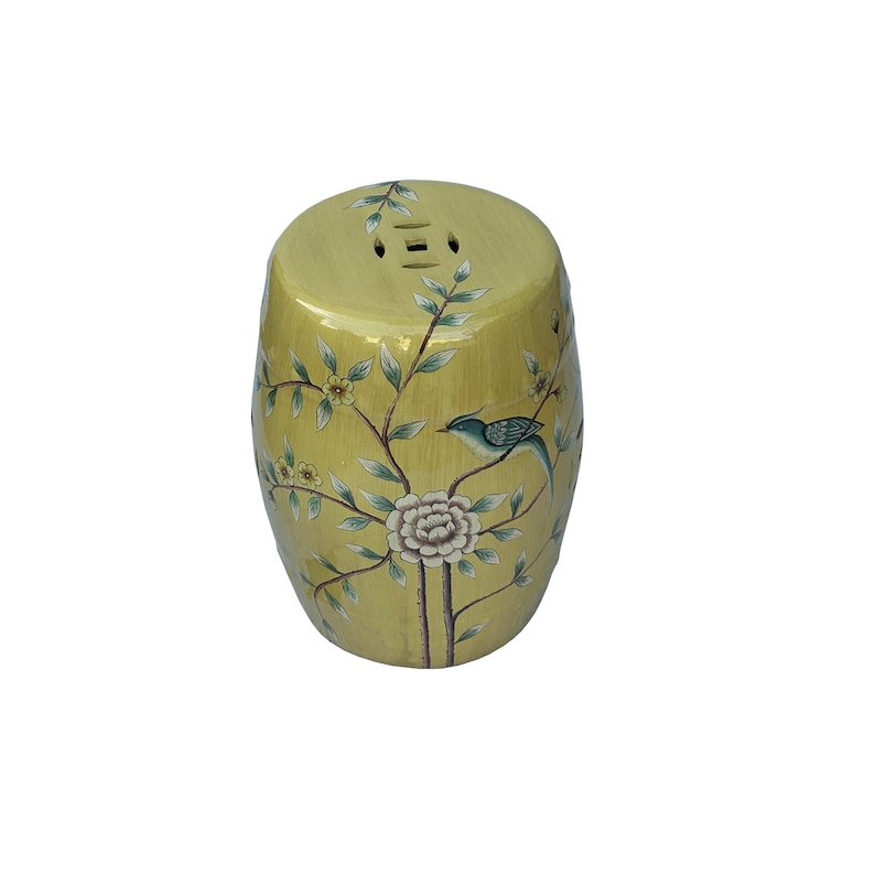 Distressed Yellow Porcelain Flower Birds Round Barrel Stool Table ws3692E image 4
