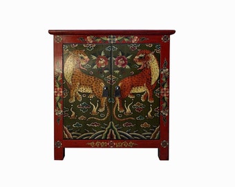 Tibetan Oriental Red Olive Green Jaguars End Table Nightstand cs7724E