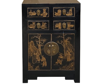 Vintage Oriental Distressed People Golden Graphic Black Side Table Cabinet cs7796E