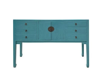 Pastel Blue Lacquer Tall Moon Face 6 Drawers Slim Foyer Side Table cs7563E