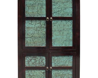 Chinese Distressed Turquoise Brown Large Armoire Warbrobe Cabinet cs2708E